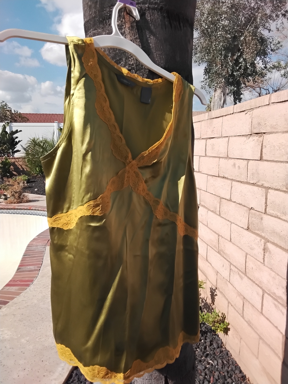 Liz Claiborne Olive Green Chemise with Gold Lace Trim 100 Percent Silk.